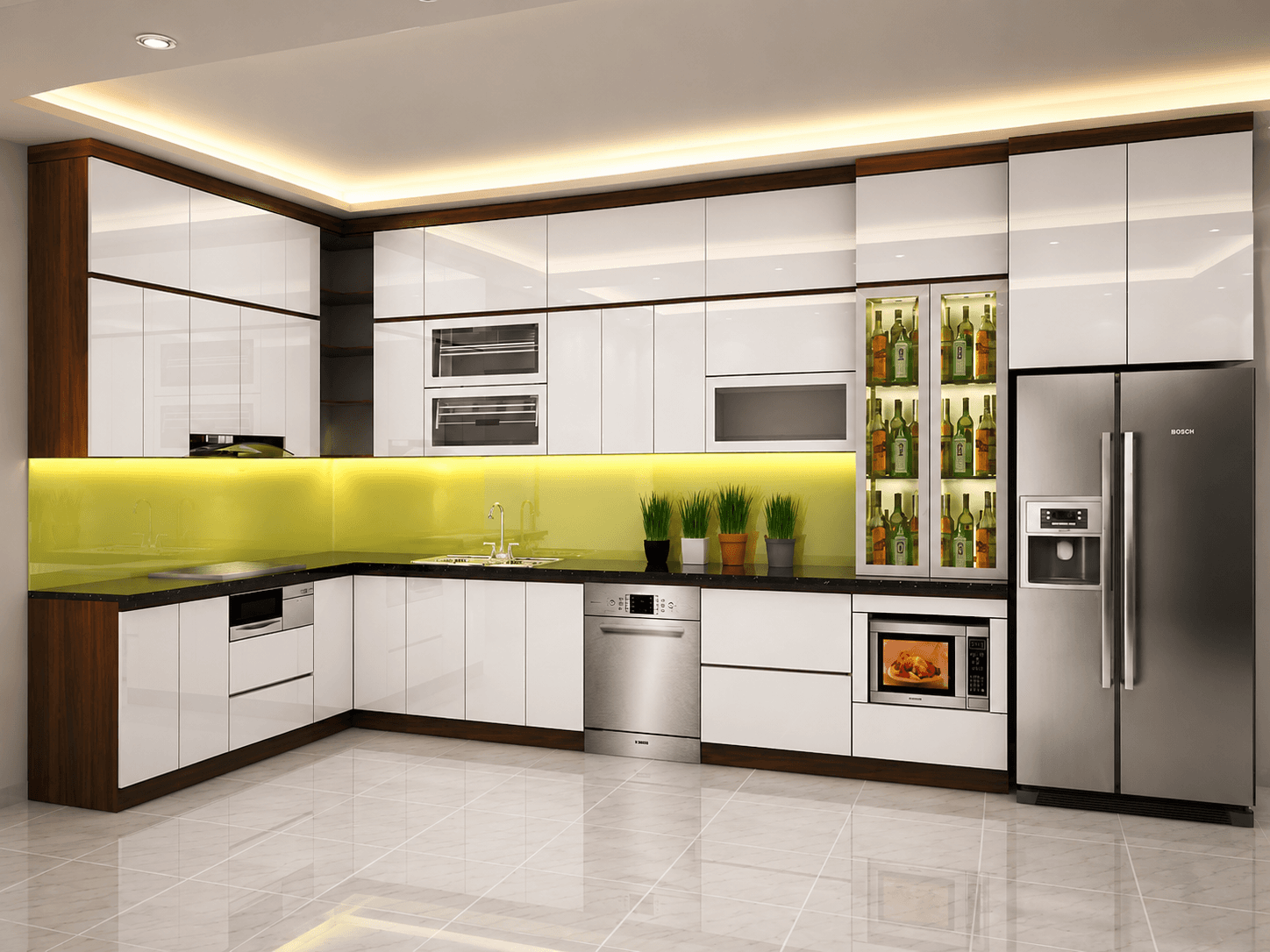 Tủ bếp chữ L trắng vân gỗ